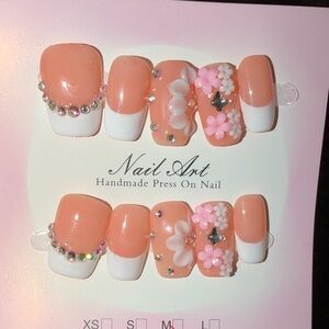 Peach Floral Handmade Press-On Nail Set with White Tips